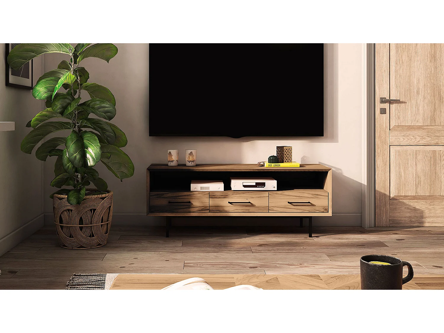 Meuble tv bois hêtre 3 tiroirs paola 144x45 cm