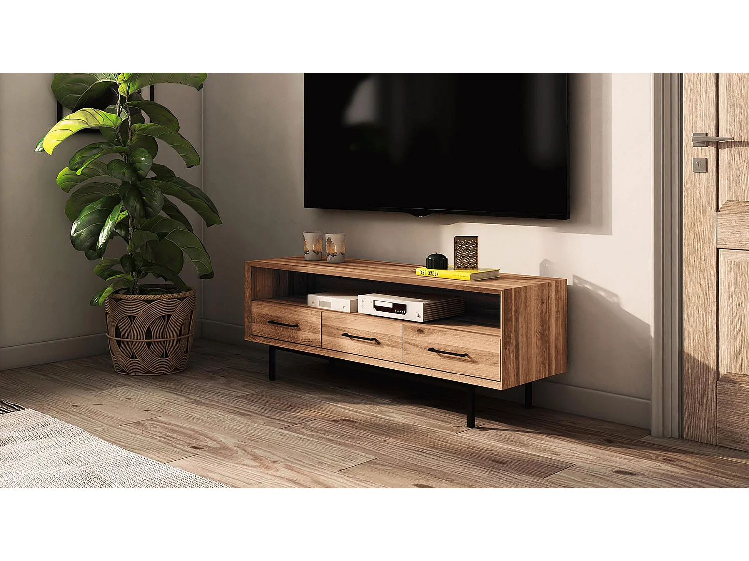 Meuble tv bois hêtre 3 tiroirs paola 144x45 cm