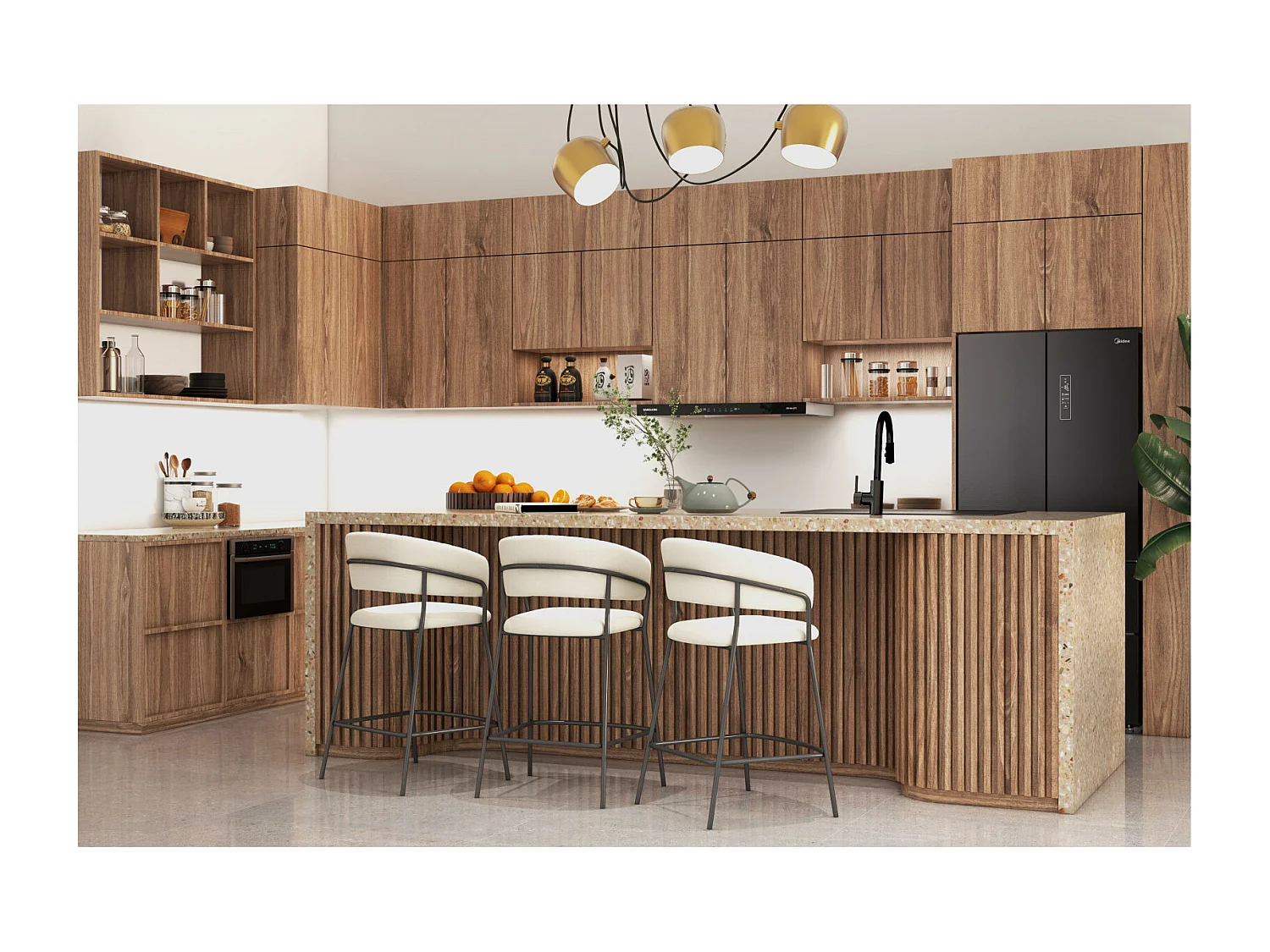 LUCA-Sedia da bar in tessuto crema e metallo nero (x2)