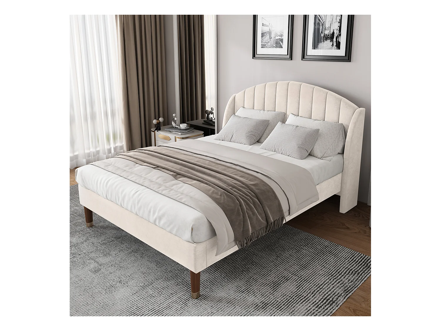 Tweepersoonsbed 160x200cm, gestoffeerd volwassen bed met houten lattenbodem en hoofdbord, tienerbed, kinderbed - in beige fluweel