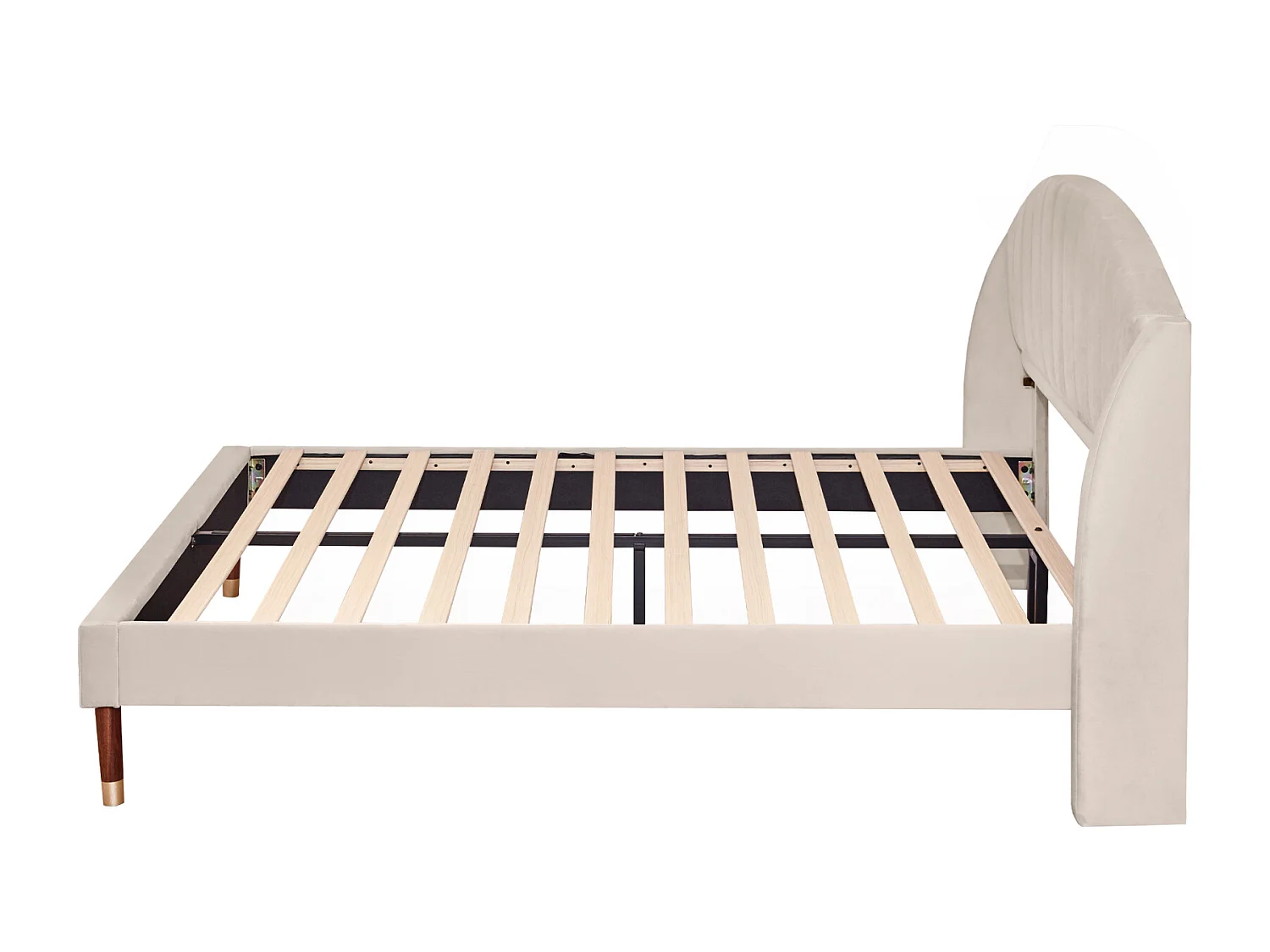 Cama de casal 160x200cm, cama de adulto estofada com estrado e cabeceira de ripas de madeira, cama de adolescente, cama de criança - em veludo bege