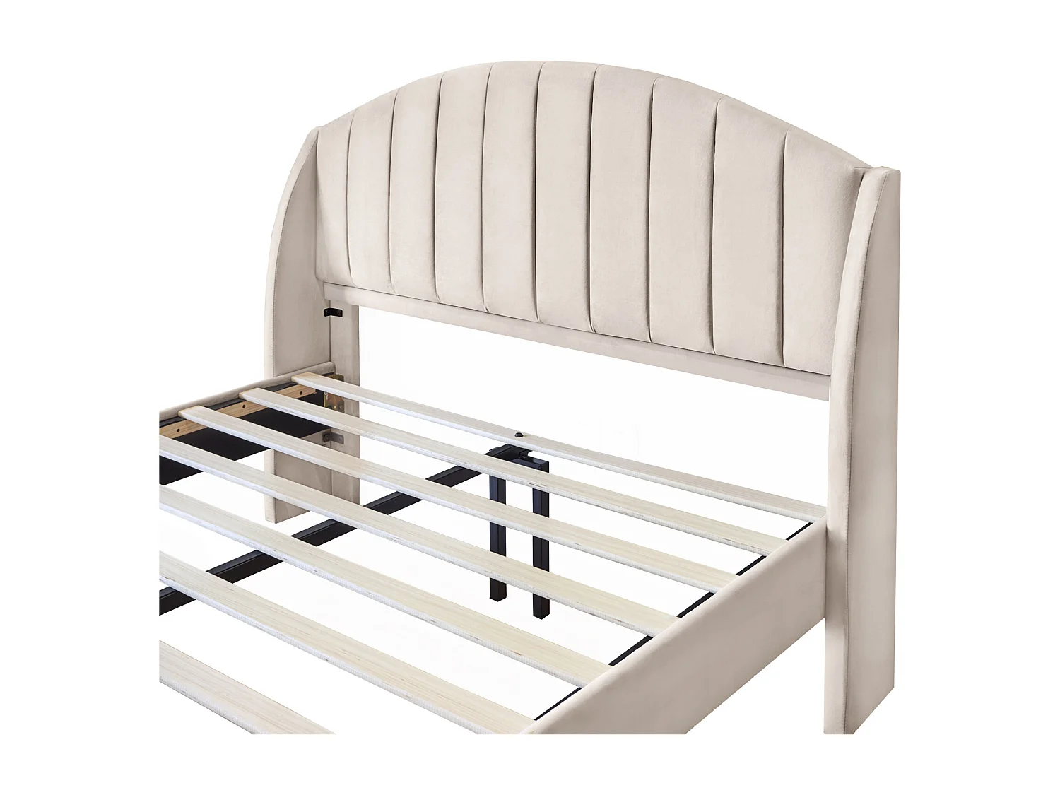 Cama de casal 160x200cm, cama de adulto estofada com estrado e cabeceira de ripas de madeira, cama de adolescente, cama de criança - em veludo bege