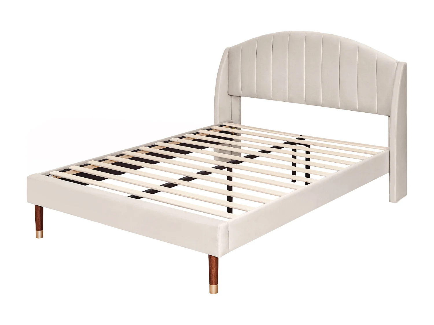 Lit double 140x190cm, lit adulte capitonné avec sommier à lattes en bois et tête de lit, lit ado, lit enfant - en velours beige