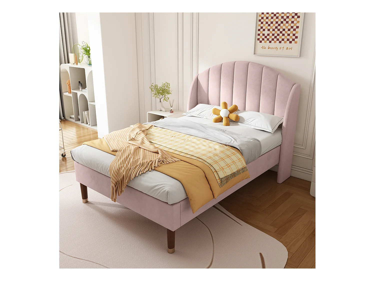 Lit simple 90x200cm, lit capitonné avec sommier à lattes en bois et tête de lit, lit ado, lit enfant - en velours rose