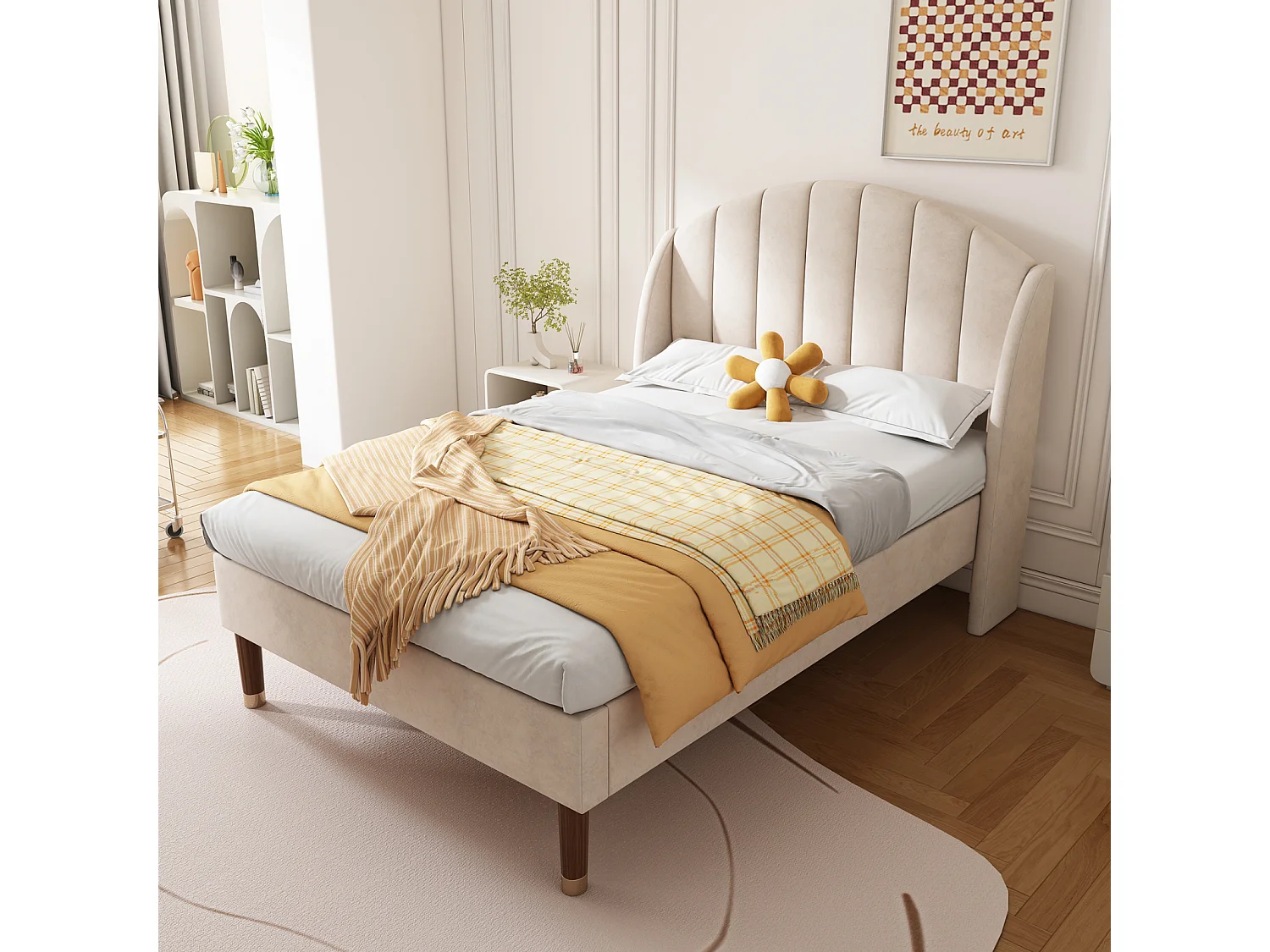 Lit simple 90x200cm, lit capitonné avec sommier à lattes en bois et tête de lit, lit ado, lit enfant - en velours beige