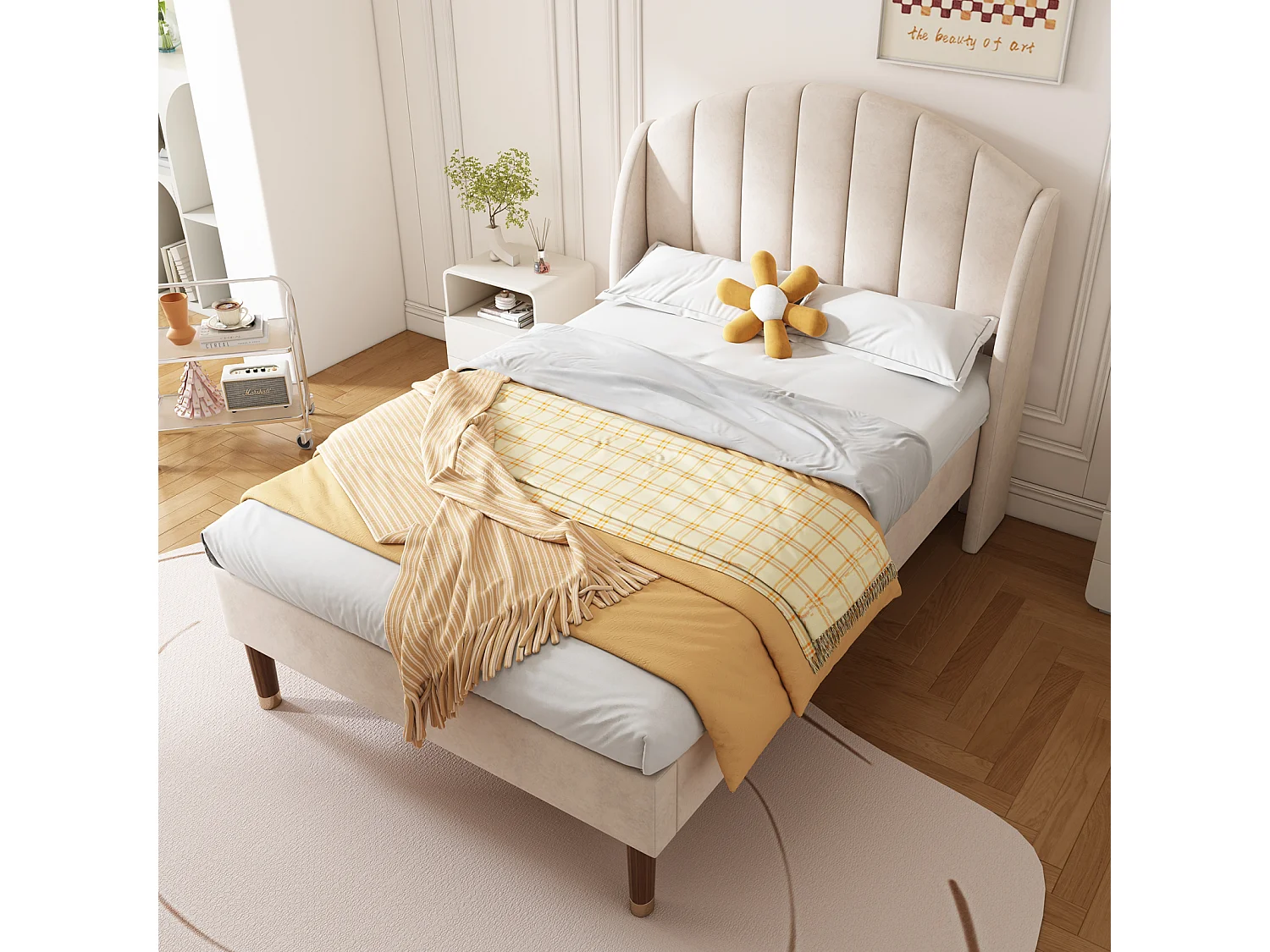 Lit simple 90x200cm, lit capitonné avec sommier à lattes en bois et tête de lit, lit ado, lit enfant - en velours beige