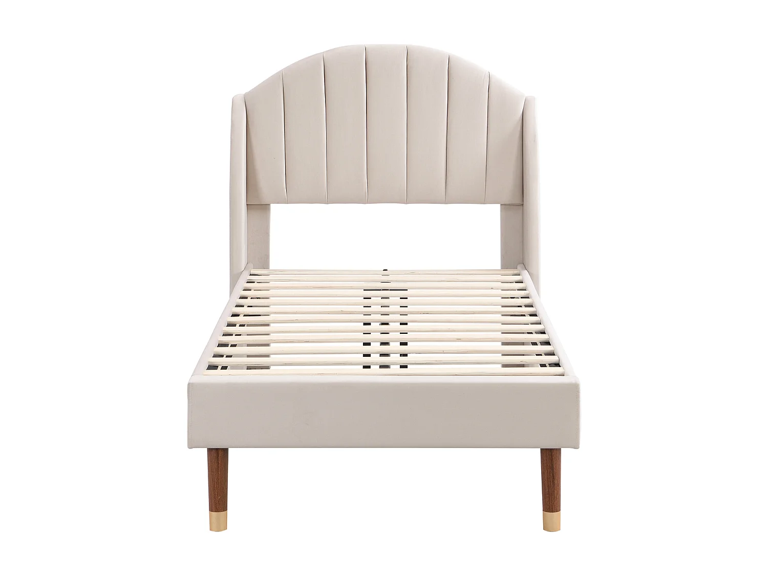 Lit simple 90x200cm, lit capitonné avec sommier à lattes en bois et tête de lit, lit ado, lit enfant - en velours beige