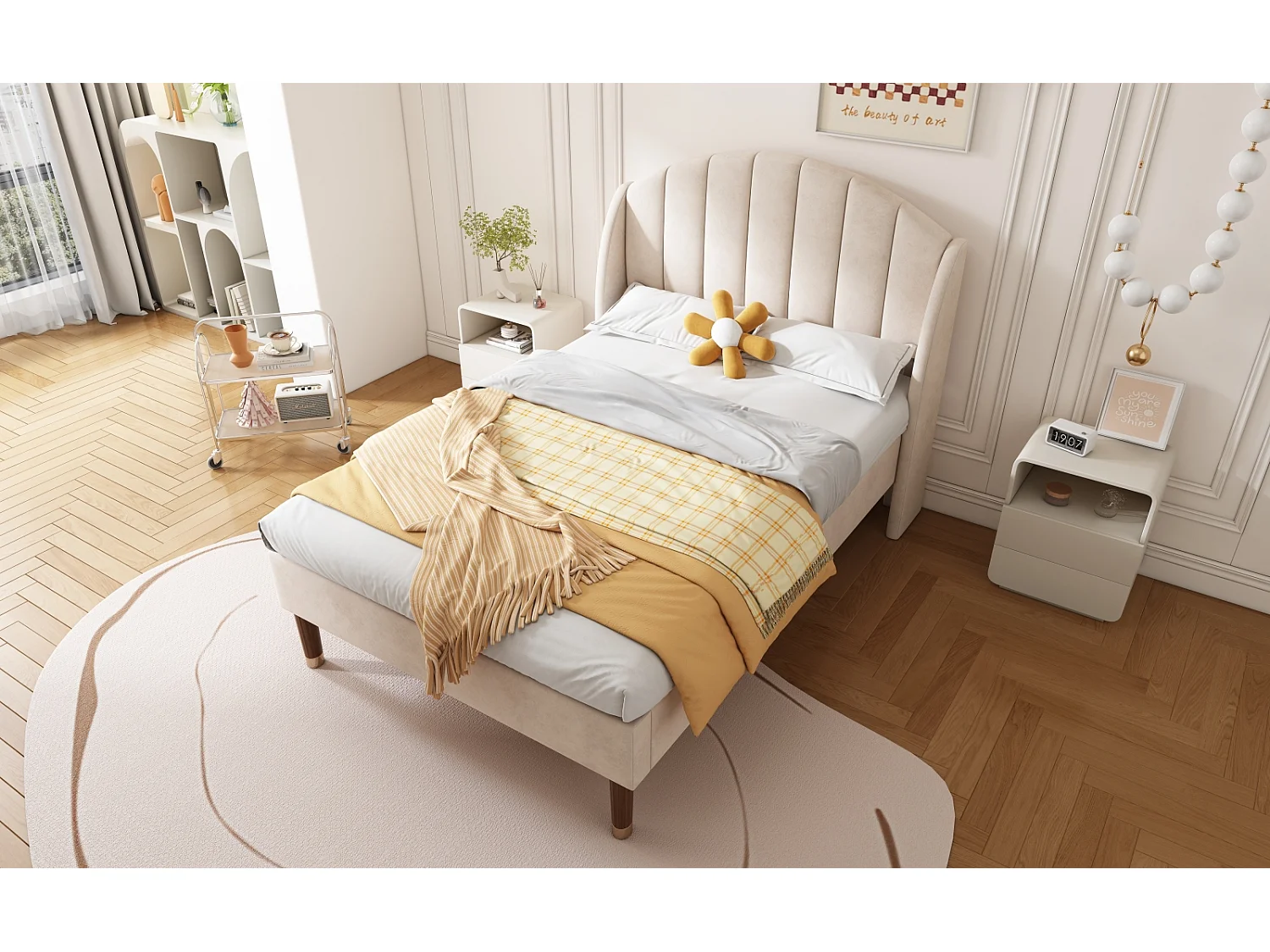 Lit simple 90x200cm, lit capitonné avec sommier à lattes en bois et tête de lit, lit ado, lit enfant - en velours beige