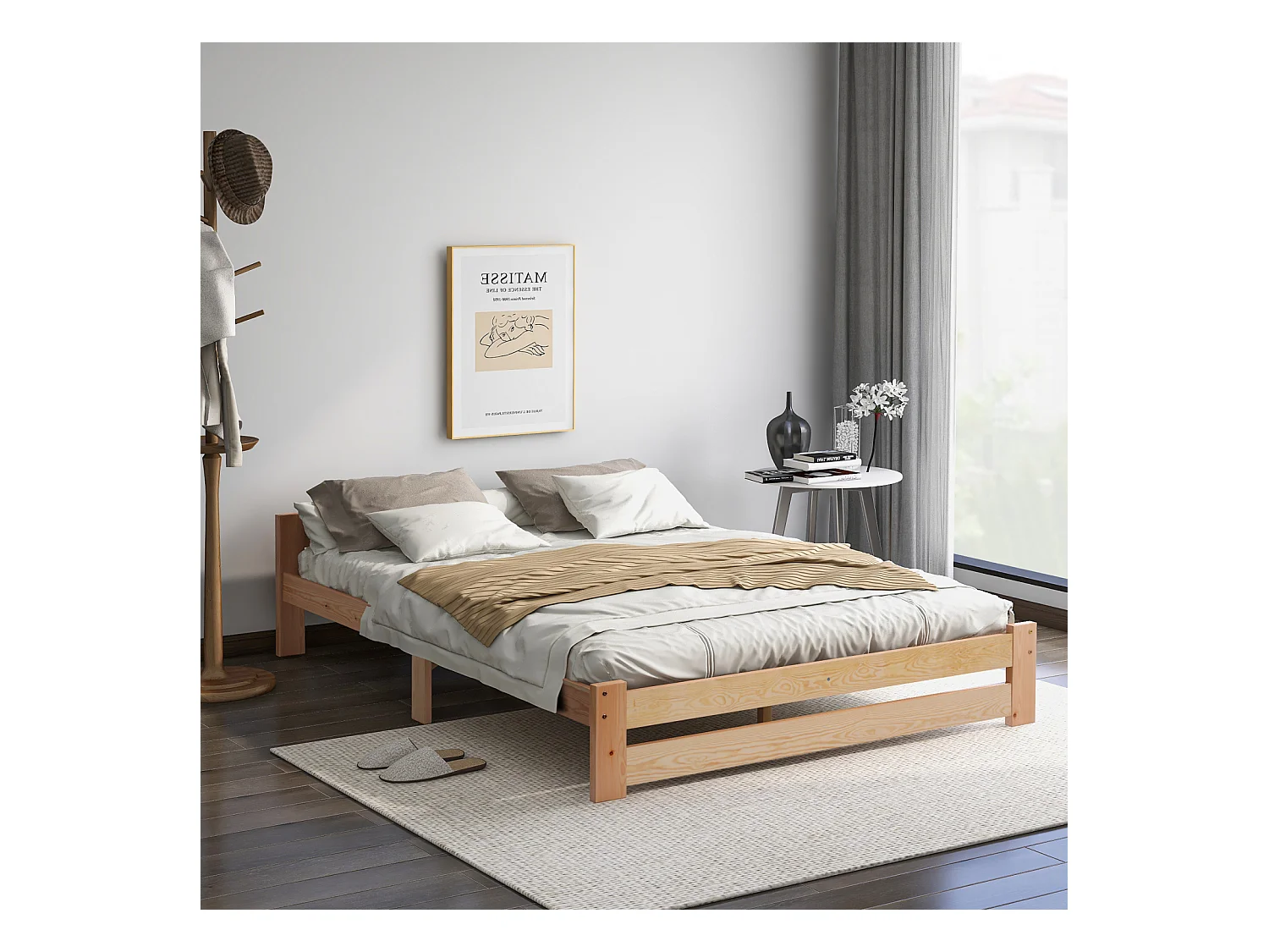 Lit adulte 140 x 200 cm - cadre de lit en bois massif, lit double avec sommier à lattes et tête de lit, adapté pour adultes, ados, enfants - Nature