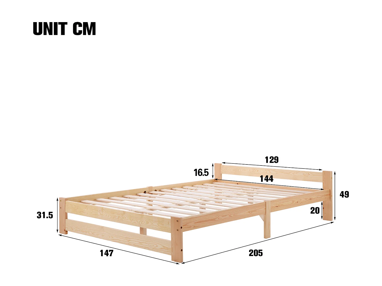 Erwachsenenbett 140 x 200 cm - Massivholzbettrahmen, Doppelbett mit Lattenrost und Kopfteil, geeignet für Erwachsene, Jugendliche, Kinder - Natur