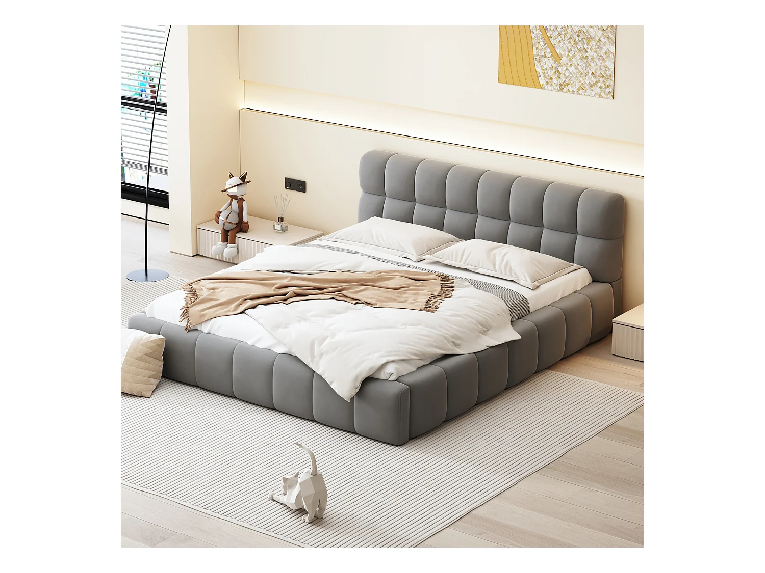 Lit adulte 140x190cm, lit double en lin avec dossier moelleux, Lit plat avec encadrement rembourré, sommier à lattes, tête de lit, gris