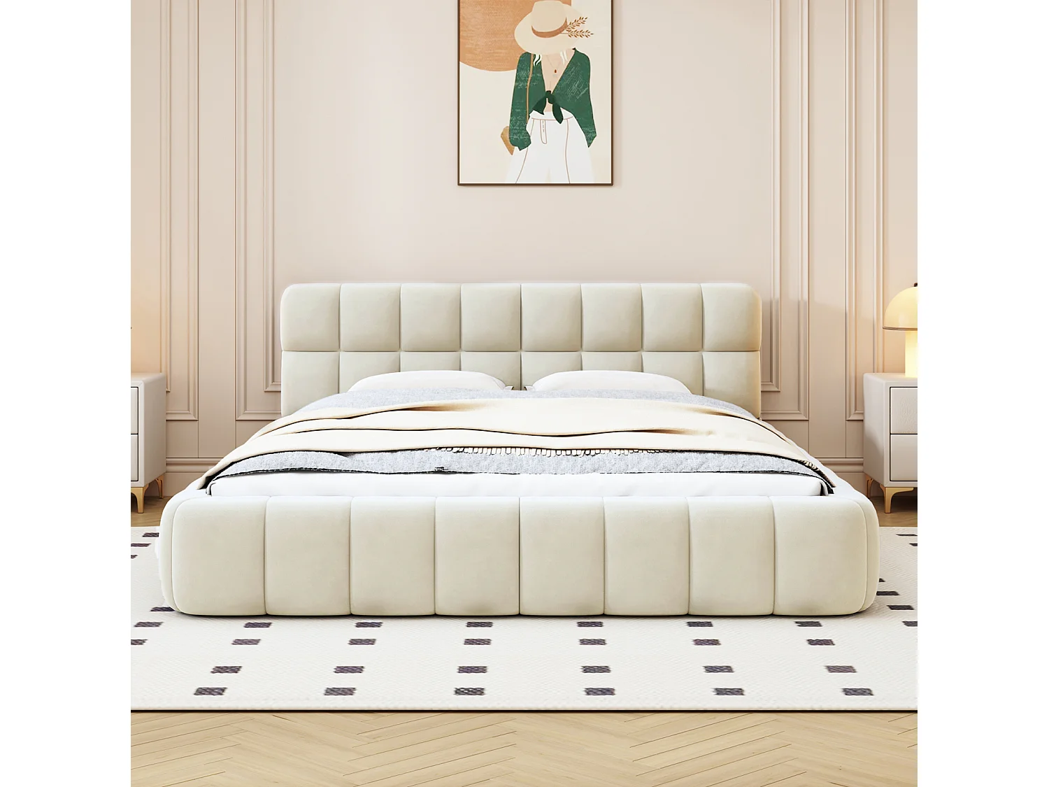 Volwassen bed 140x190cm, tweepersoonsbed in linnen met zachte rugleuning, Vlak bed met gewatteerd frame, lattenbodem, hoofdeinde, beige (Voorverkoop)