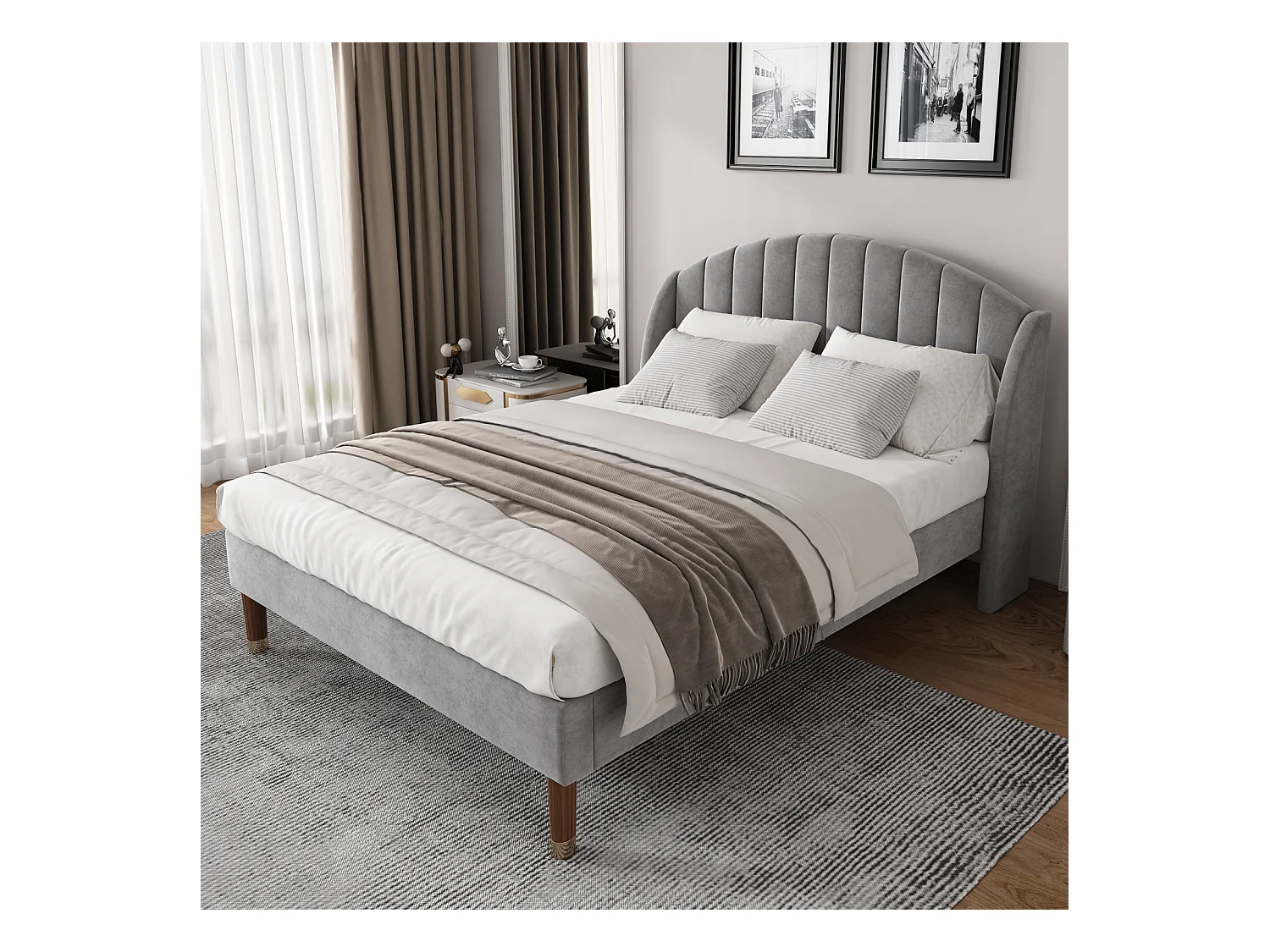 Lit double 160x200cm, lit adulte capitonné avec sommier à lattes en bois et tête de lit, lit ado, lit enfant - en velours gris