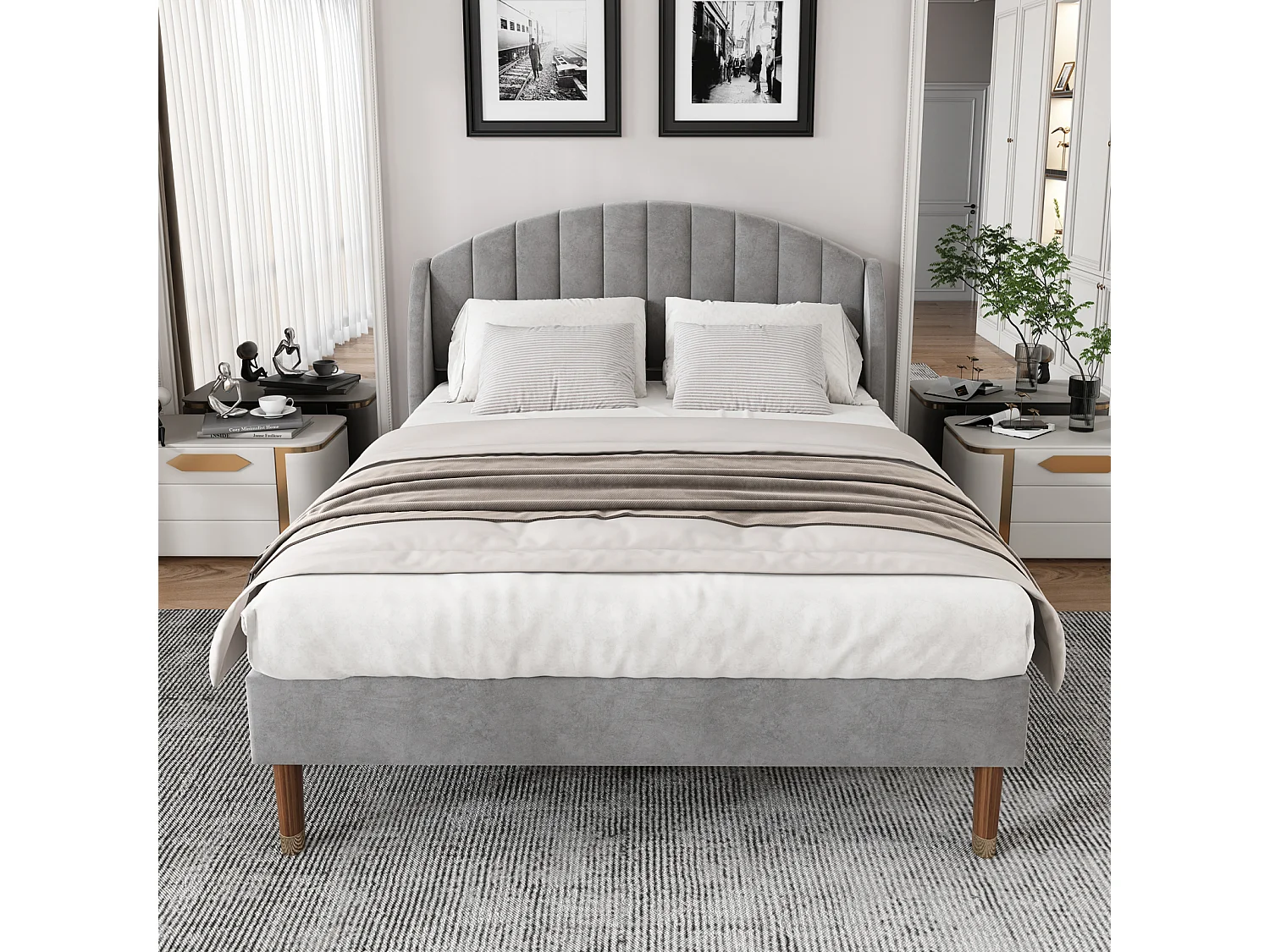 Lit double 140x200cm, lit adulte capitonné avec sommier à lattes en bois et tête de lit, lit ado, lit enfant - en velours gris