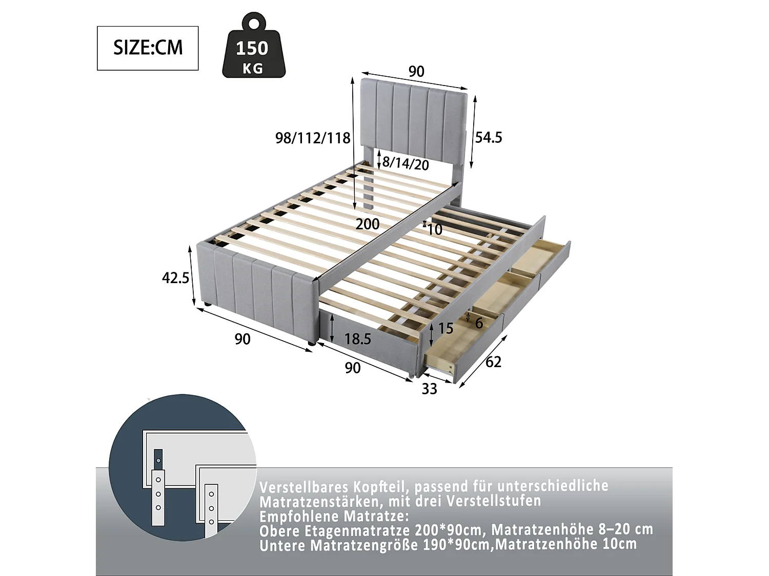 Uitschuifbed 90x200cm+90x190cm, bed op wielen met 3 lades, gestoffeerd linnen bed, voor kinderen en jongeren, grijs
