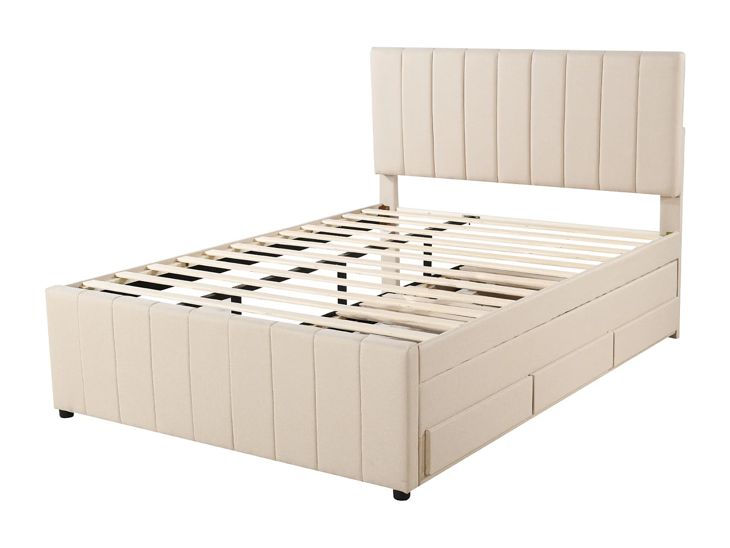 Uitschuifbed 140x200cm+90x190cm, bed op wielen met 3 lades, gestoffeerd linnen bed, voor kinderen en jongeren, beige