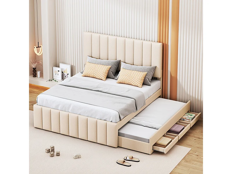 Cama de rodízio 140x200cm+90x190cm, cama com rodas e 3 gavetas, cama estofada em linho, para crianças e jovens, bege