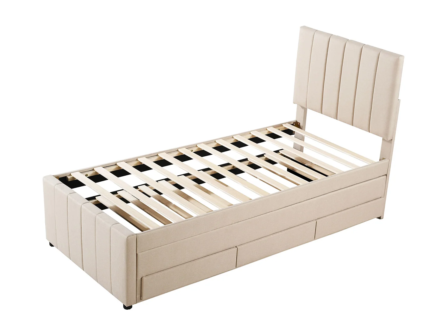 Lit gigogne 90x200cm+90x190cm, lit à roulettes avec 3 tiroirs, lit capitonné en lin, pour enfant et jeune, beige