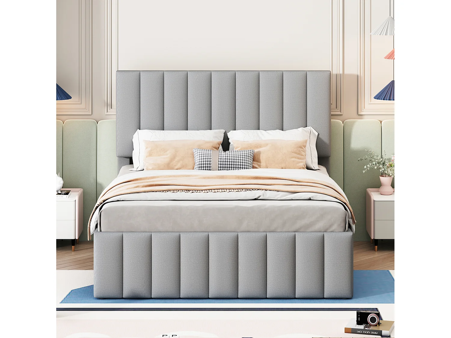 Lit gigogne 140x200cm+90x190cm, lit à roulettes avec 3 tiroirs, lit capitonné en lin, pour enfant et jeune, gris