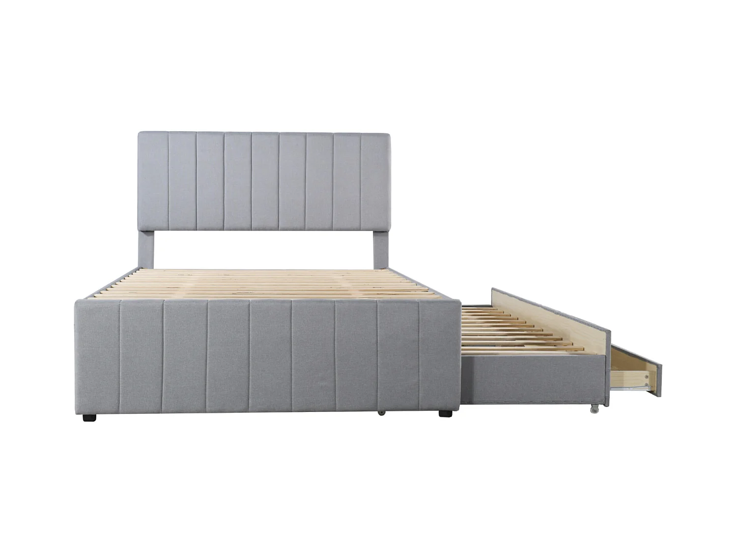 Lit gigogne 140x200cm+90x190cm, lit à roulettes avec 3 tiroirs, lit capitonné en lin, pour enfant et jeune, gris