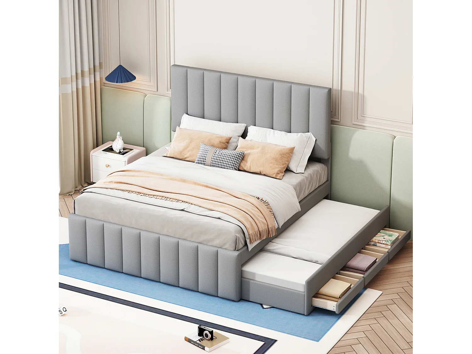 Uitschuifbed 140x200cm+90x190cm, bed op wielen met 3 lades, gestoffeerd linnen bed, voor kinderen en jongeren, grijs