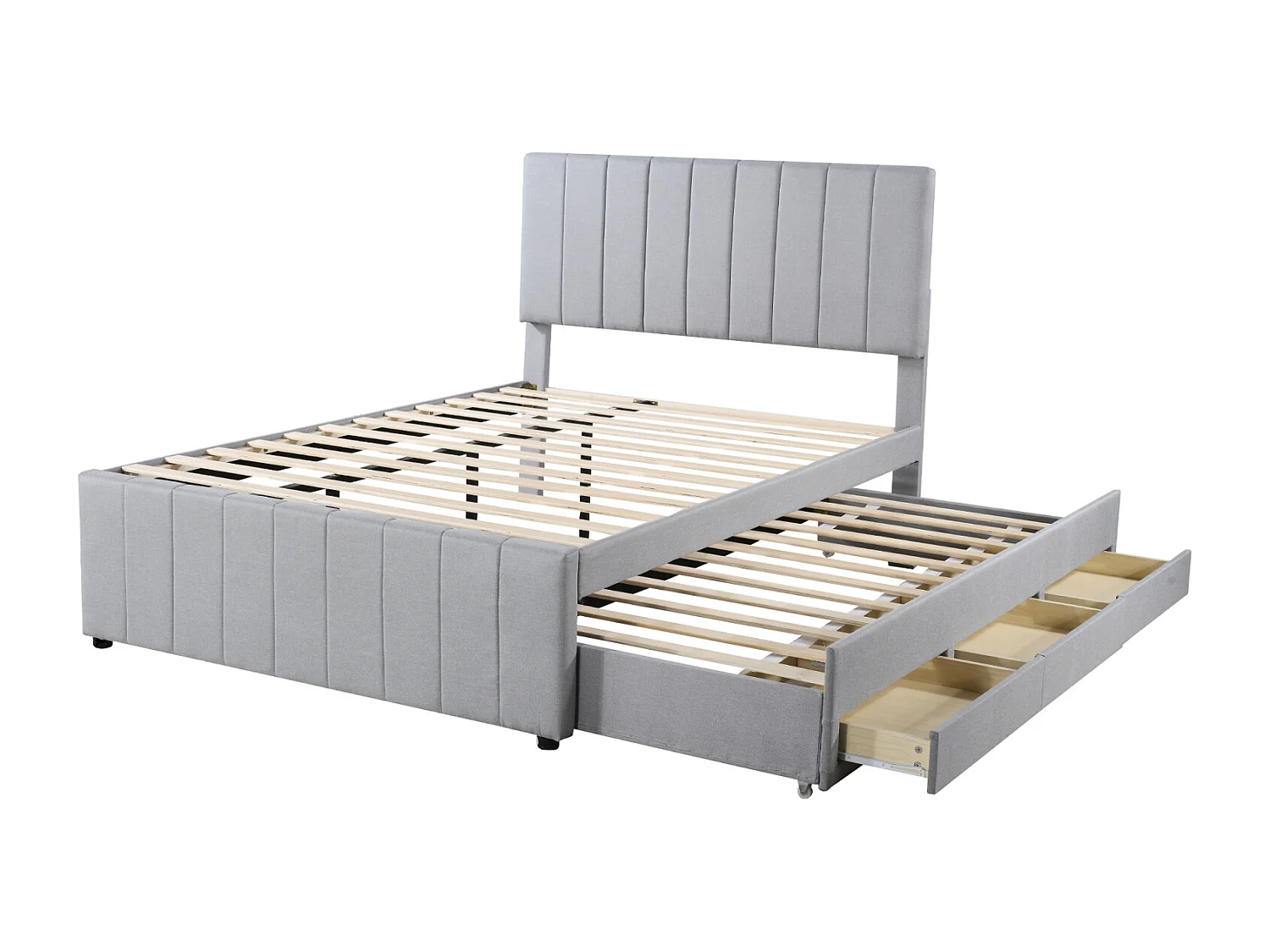 Uitschuifbed 140x200cm+90x190cm, bed op wielen met 3 lades, gestoffeerd linnen bed, voor kinderen en jongeren, grijs