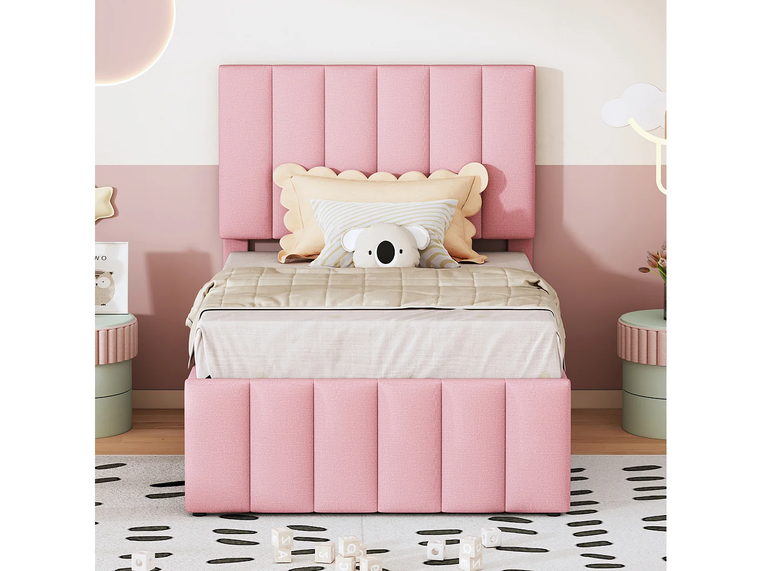 Ausziehbett 90x200cm+90x190cm, Bett auf Rollen mit 3 Schubladen, gepolstertes Leinenbett, für Kinder und Jugendliche, rosa