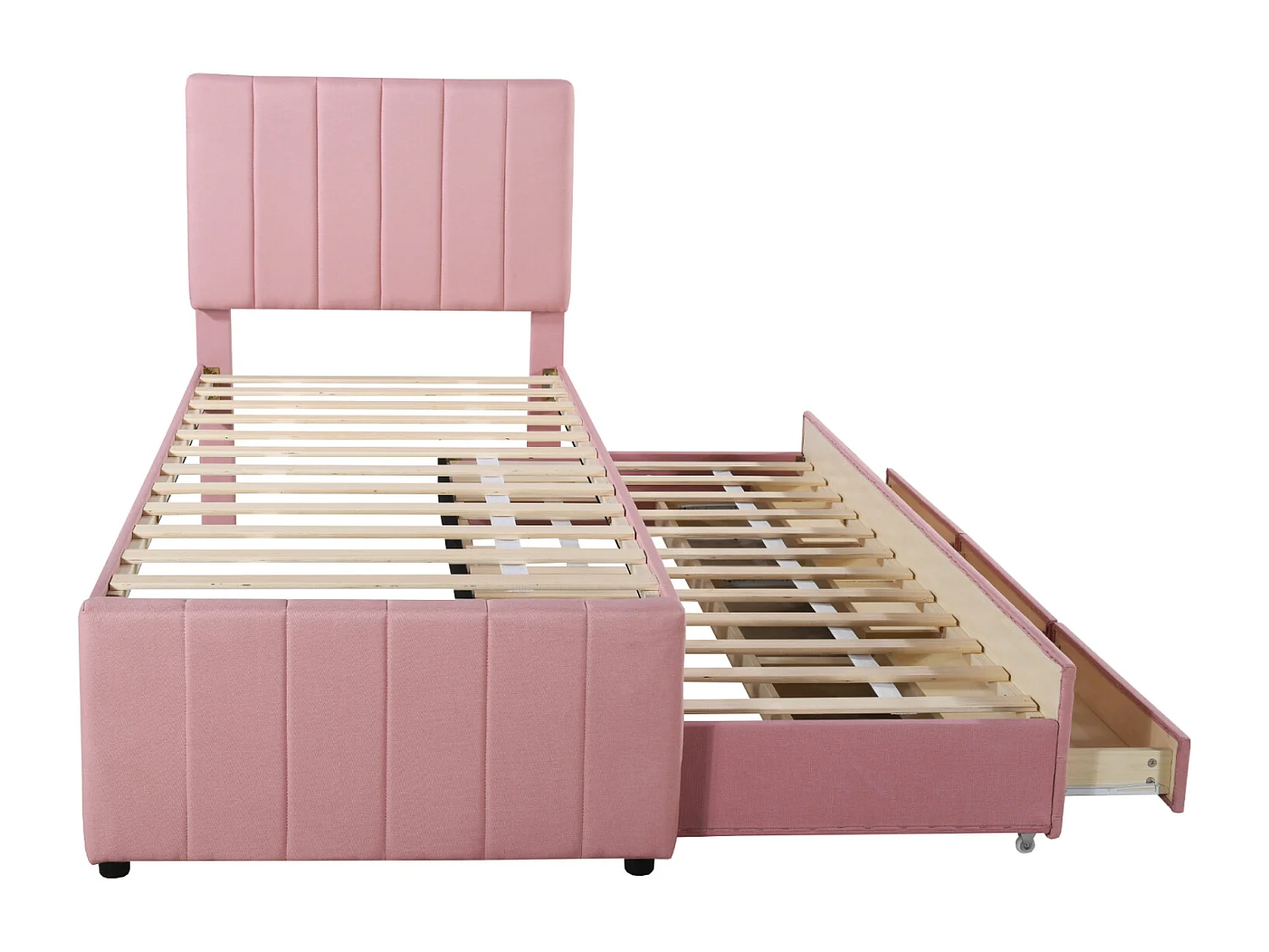 Ausziehbett 90x200cm+90x190cm, Bett auf Rollen mit 3 Schubladen, gepolstertes Leinenbett, für Kinder und Jugendliche, rosa