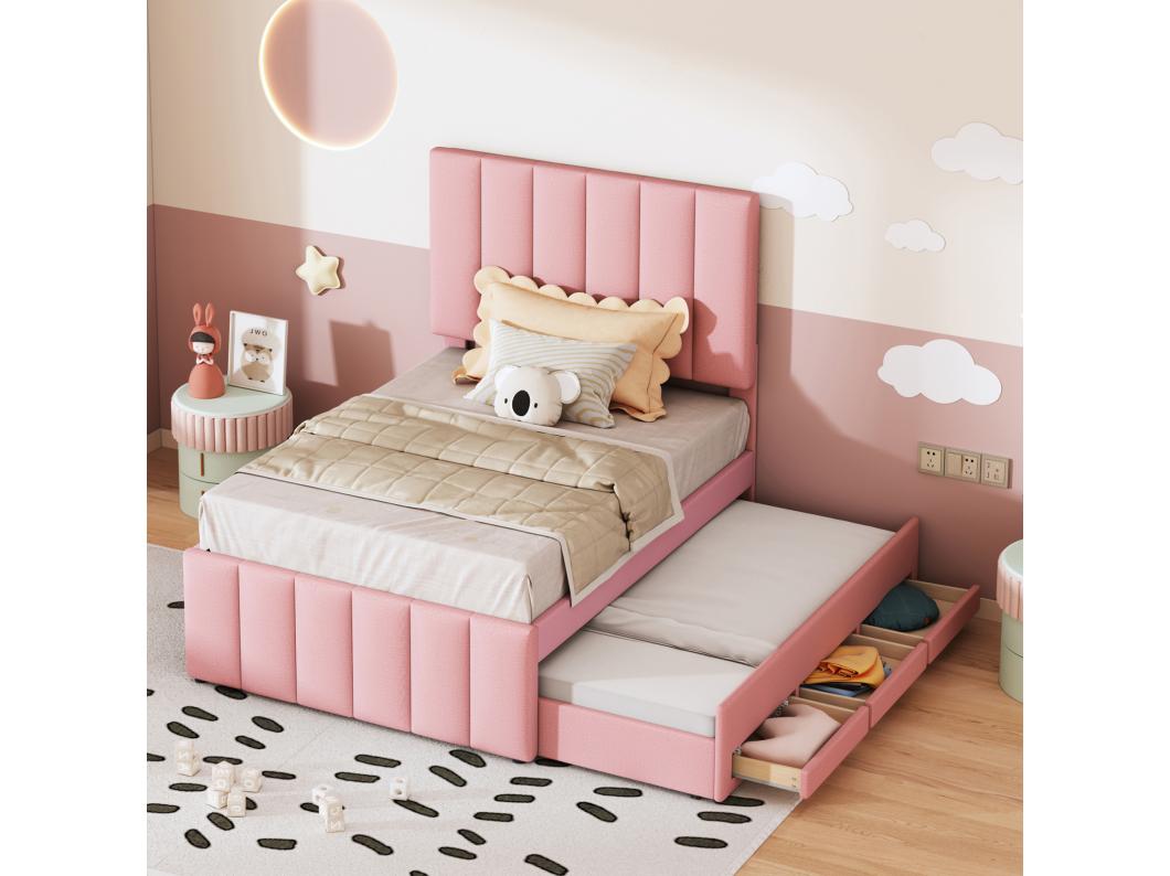 Uitschuifbed 90x200cm+90x190cm, bed op wielen met 3 lades, gestoffeerd linnen bed, voor kinderen en jongeren, roze