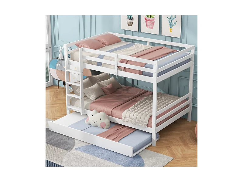 Etagenbett 140x200cm, mit Ausziehbett 90x190cm, mit Leiter, hoher Lattenrost, weiß