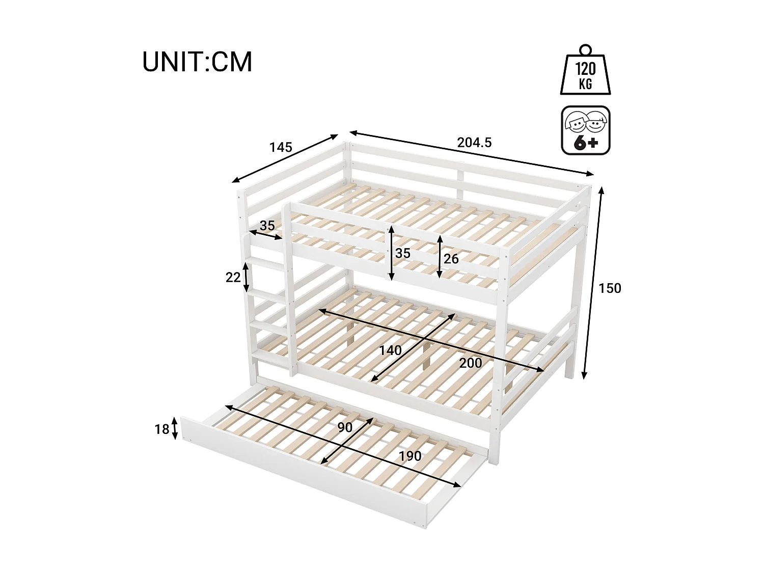 Stapelbed 140x200cm, met uitschuifbed 90x190cm, met ladder, hoge lattenbodem, wit
