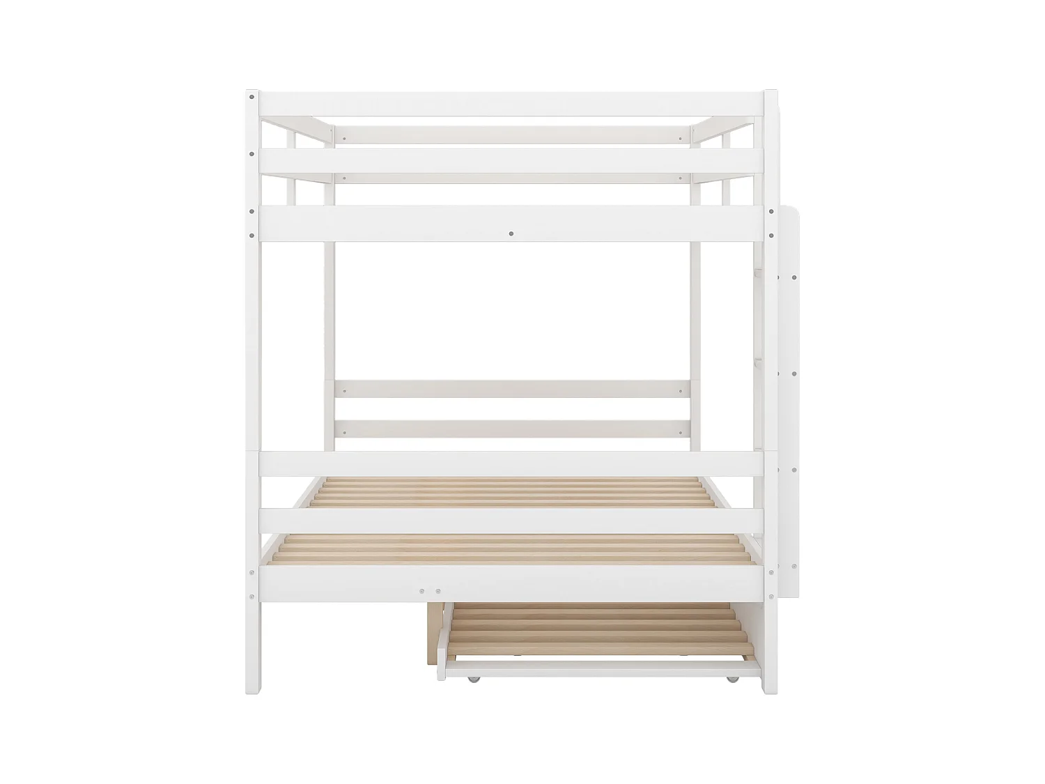 Lit superposé 140x200cm, avec lit gigogne 90x190cm, avec échelle, arde-corps hauts, blanc