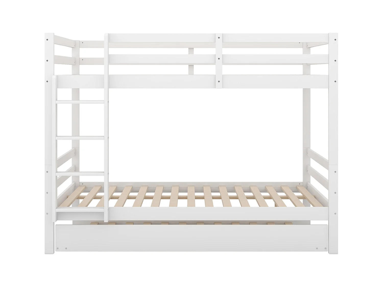 Lit superposé 140x200cm, avec lit gigogne 90x190cm, avec échelle, arde-corps hauts, blanc