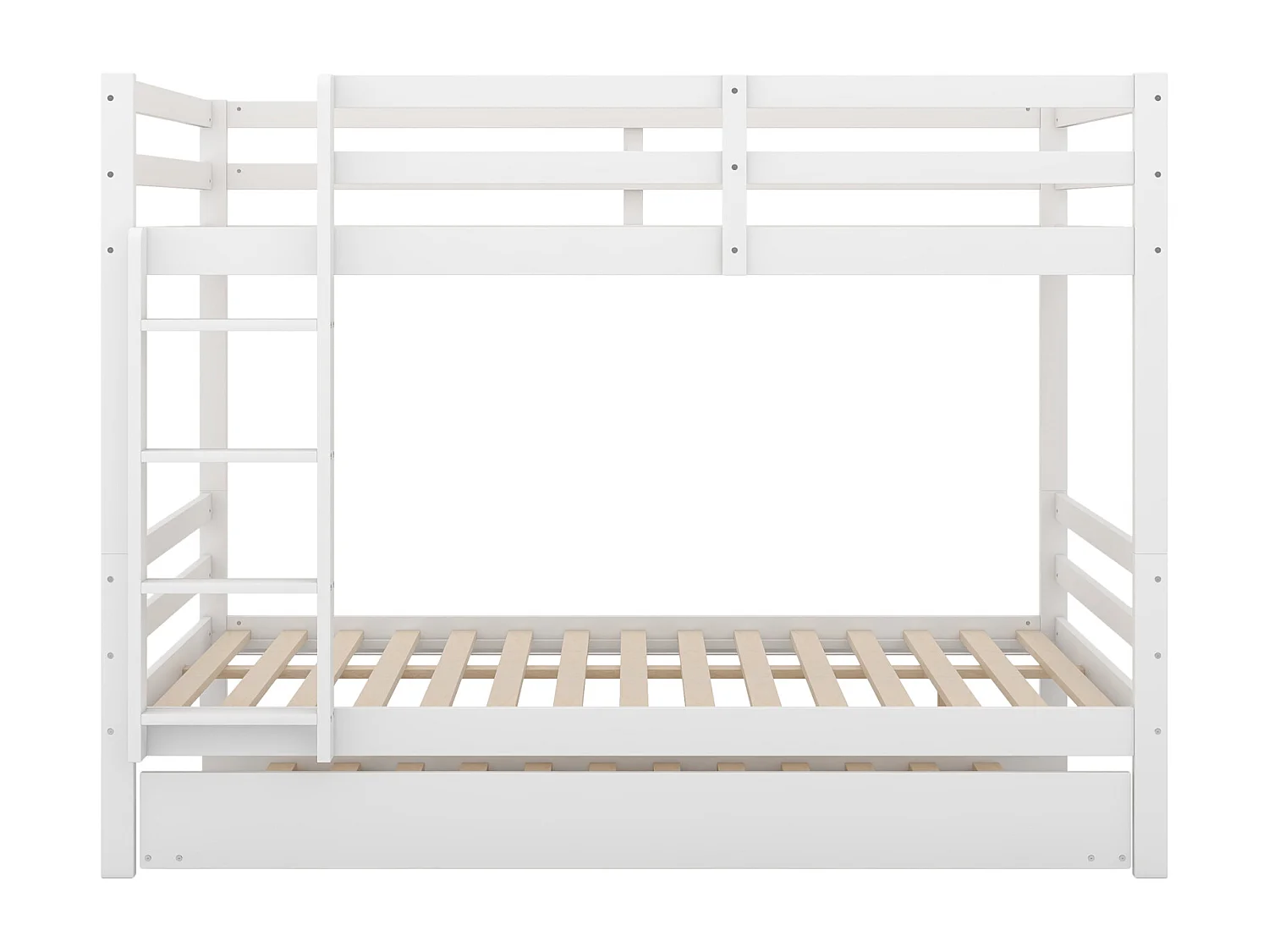 Lit superposé 140x200cm, avec lit gigogne 90x190cm, avec échelle, arde-corps hauts, blanc