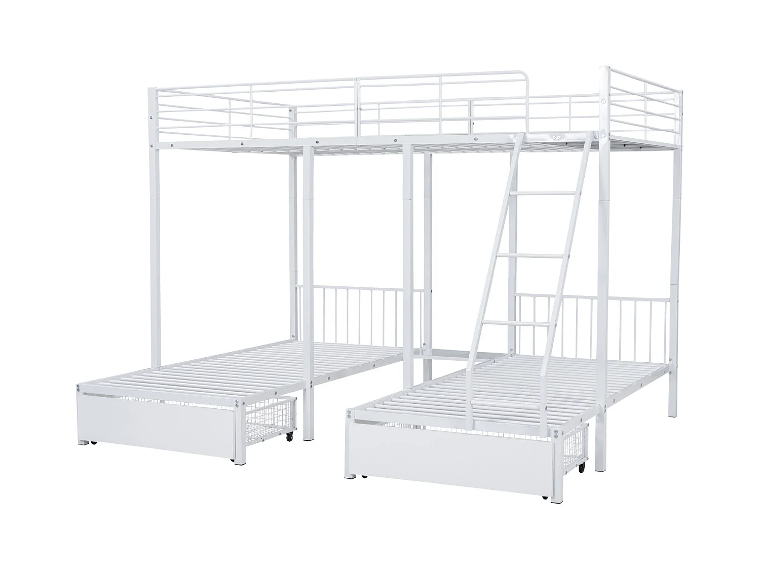 Letto a castello triplo, struttura in metallo, 140x200cm e 2 letti 90x200cm, con scaletta e 2 cassetti, rete inclusa, bianco