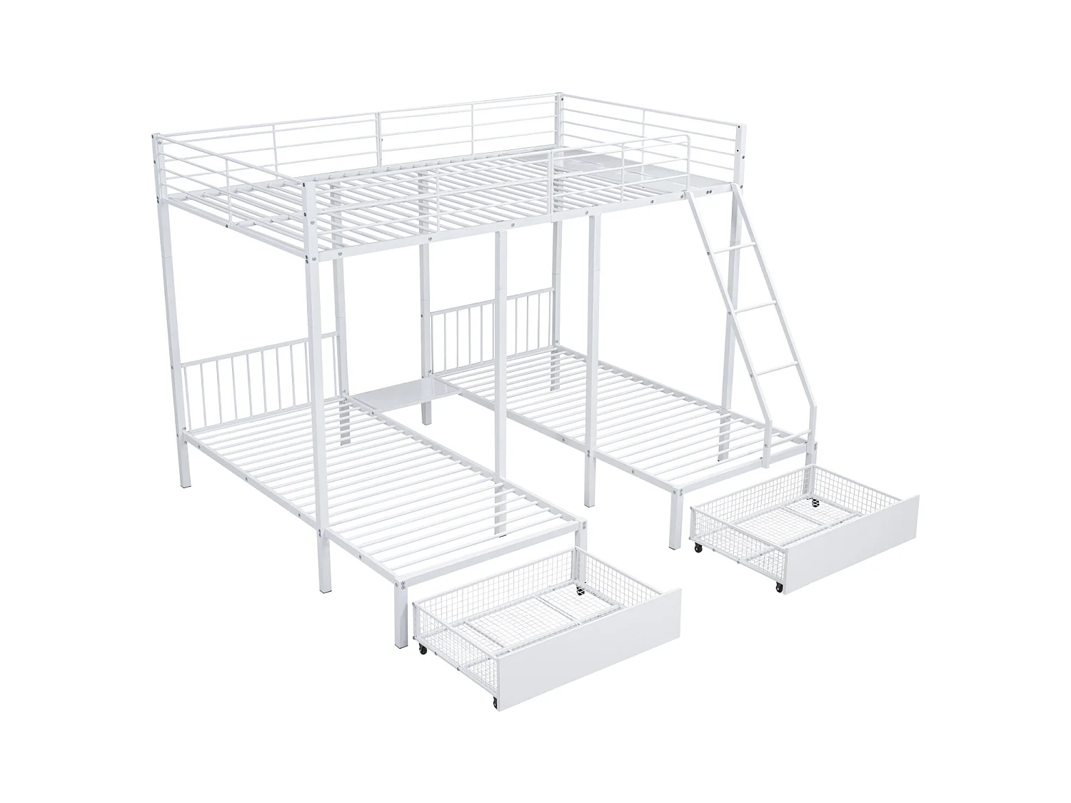 Letto a castello triplo, struttura in metallo, 140x200cm e 2 letti 90x200cm, con scaletta e 2 cassetti, rete inclusa, bianco