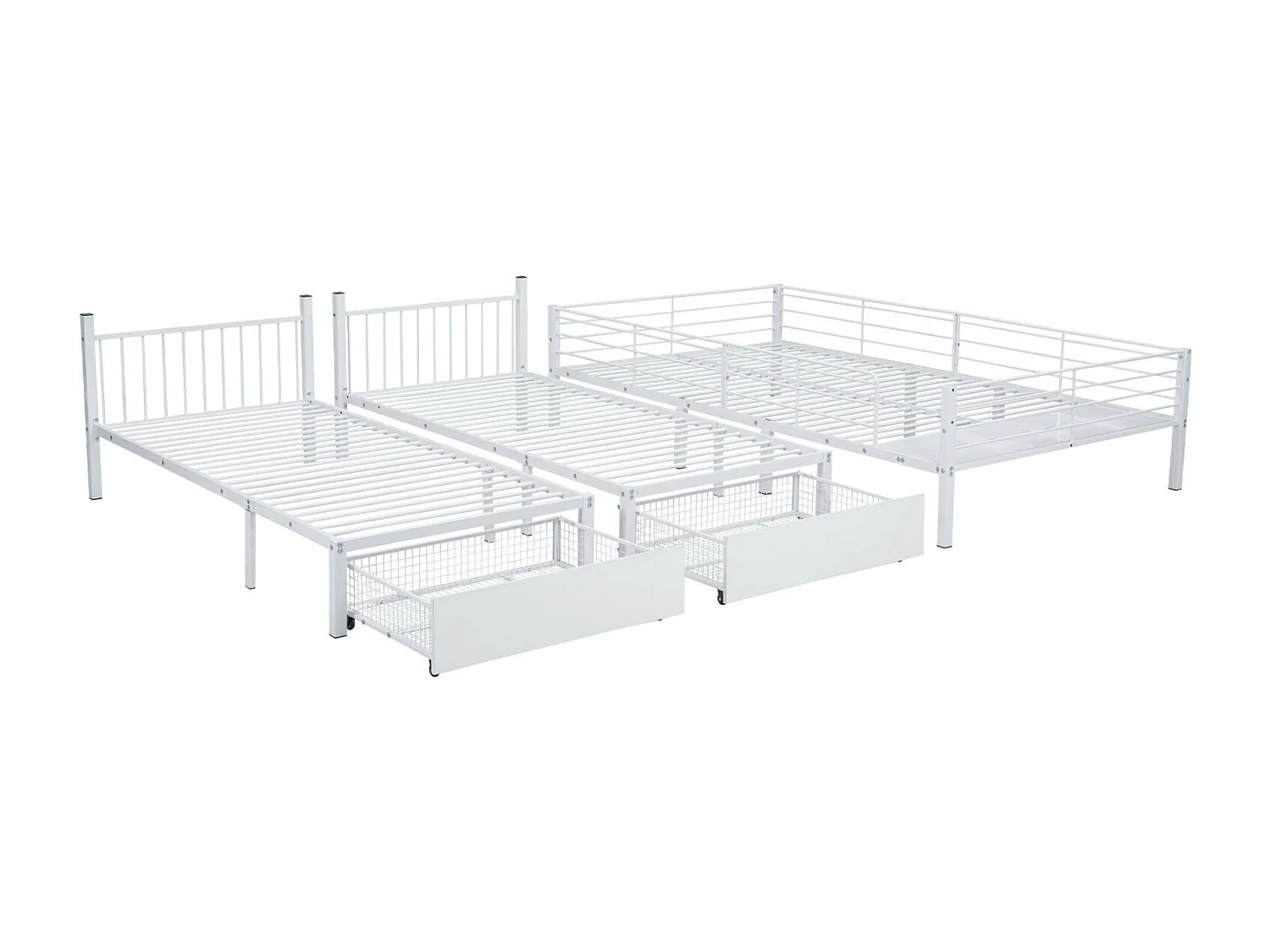 Letto a castello triplo, struttura in metallo, 140x200cm e 2 letti 90x200cm, con scaletta e 2 cassetti, rete inclusa, bianco