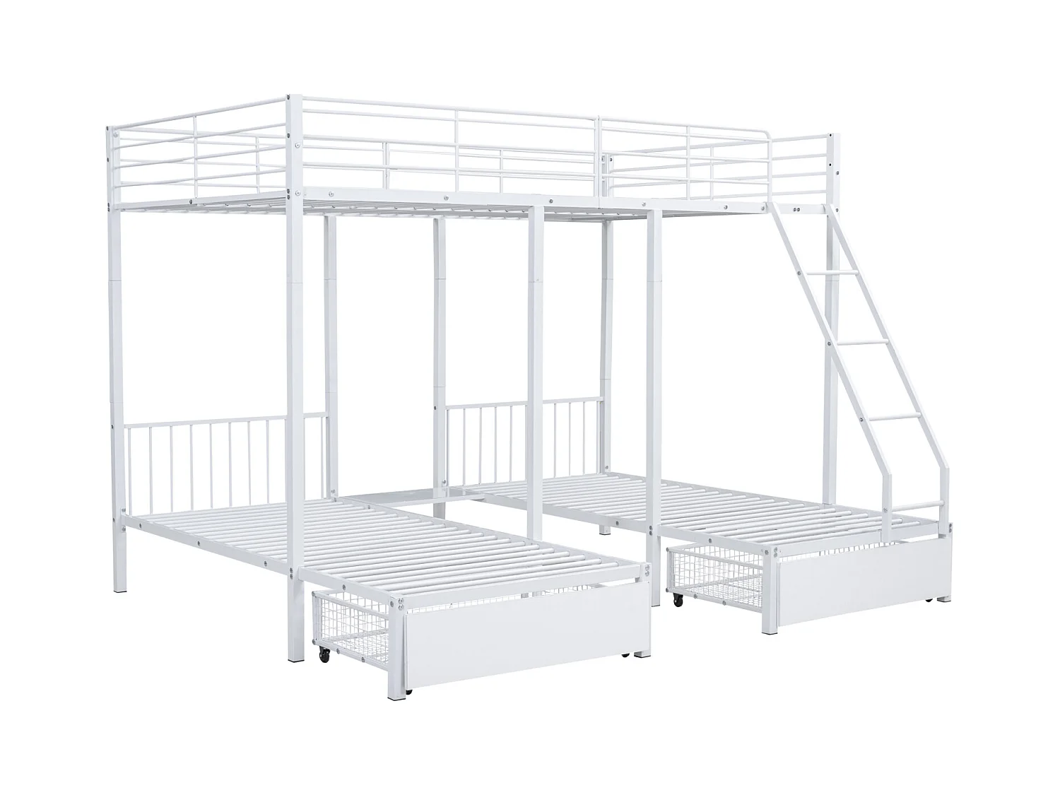 Letto a castello triplo, struttura in metallo, 140x200cm e 2 letti 90x200cm, con scaletta e 2 cassetti, rete inclusa, bianco