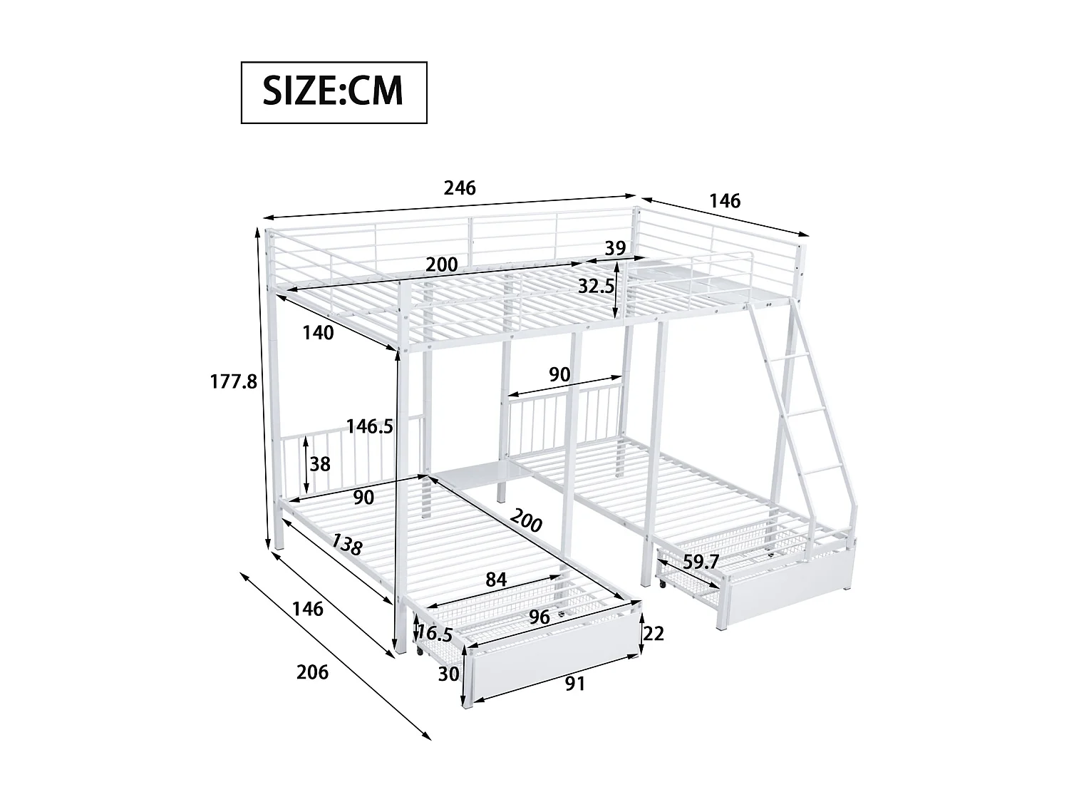 Driedubbel stapelbed, metalen bedframe, 140x200cm en 2 bedden 90x200cm, met ladder en 2 lades, inclusief bedbodem, wit