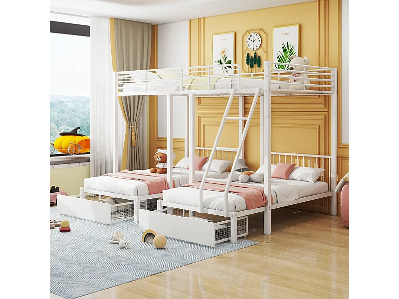 Driedubbel stapelbed, metalen bedframe, 140x200cm en 2 bedden 90x200cm, met ladder en 2 lades, inclusief bedbodem, wit