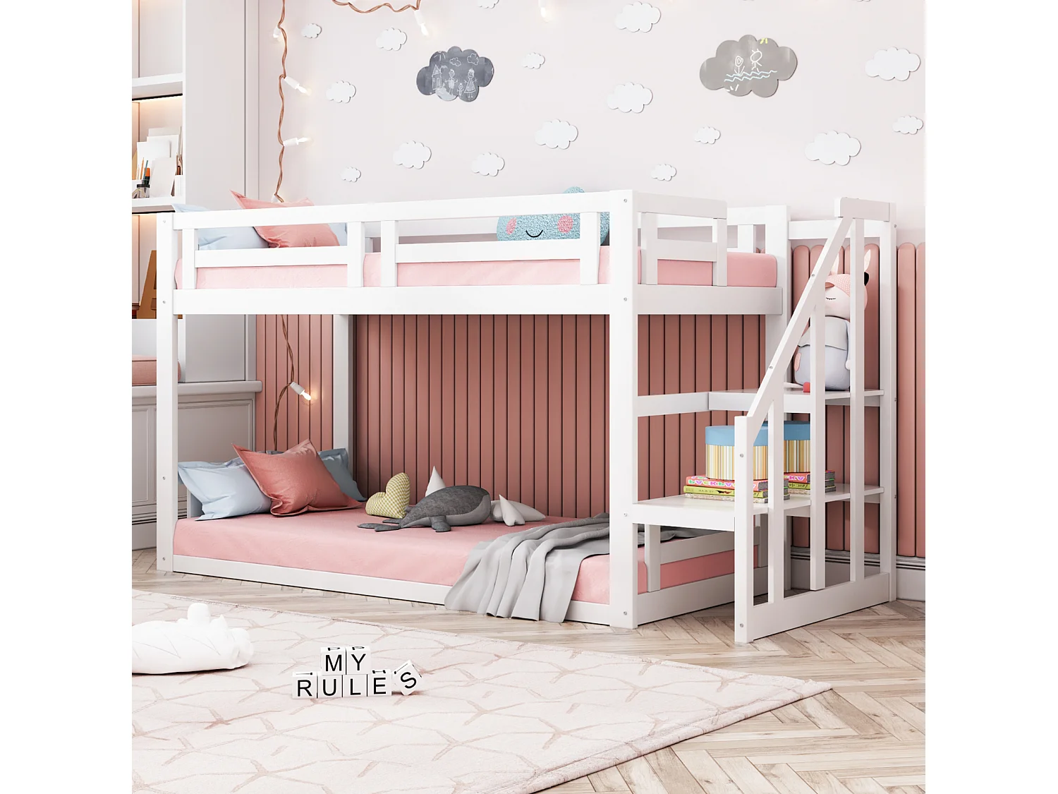 Beliche 90x200cm - cama de criança com escada de segurança, estrado em madeira maciça e estrado em ripado - branco