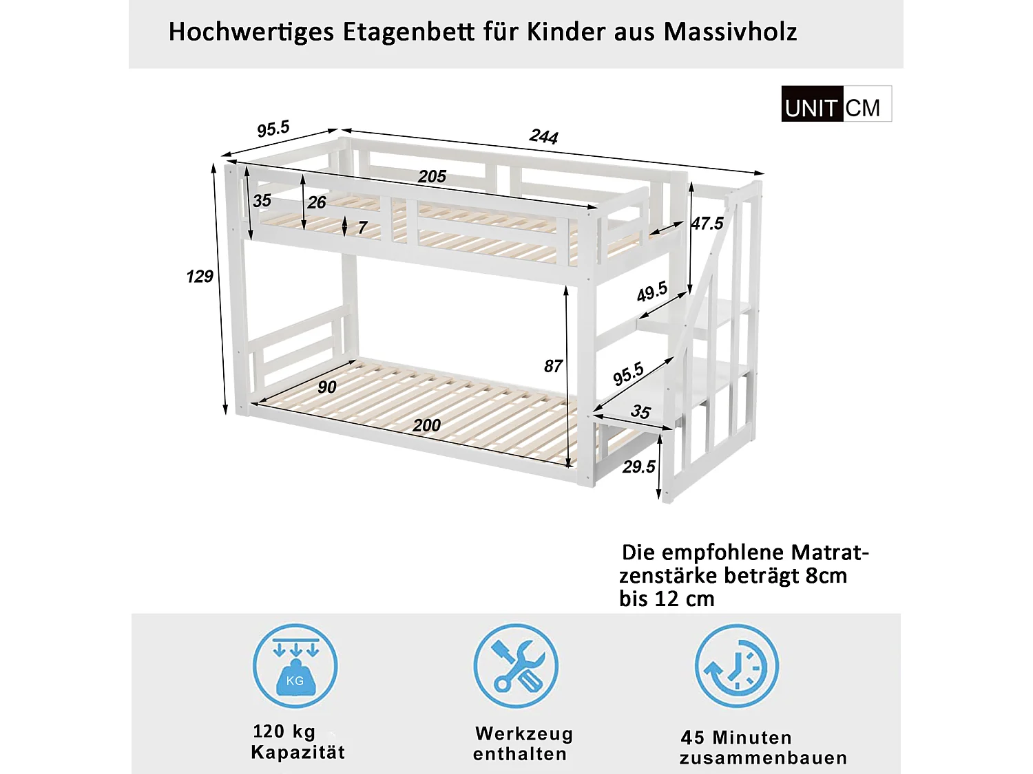 Beliche 90x200cm - cama de criança com escada de segurança, estrado em madeira maciça e estrado em ripado - branco