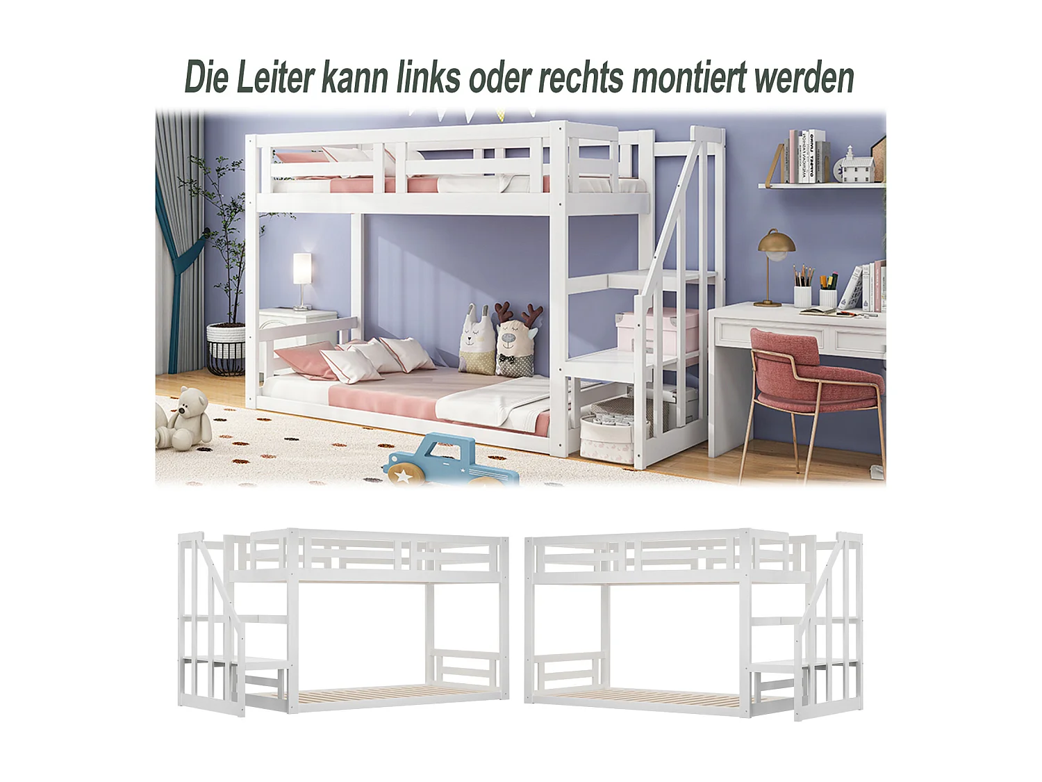 Beliche 90x200cm - cama de criança com escada de segurança, estrado em madeira maciça e estrado em ripado - branco