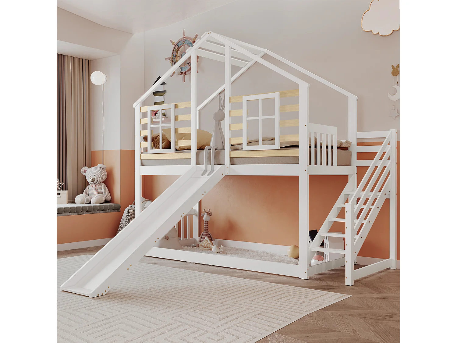 Beliche 90x200cm para 2 crianças - cama cabine de madeira com escadas e barreira, escorrega e janela, anti-queda - balnc