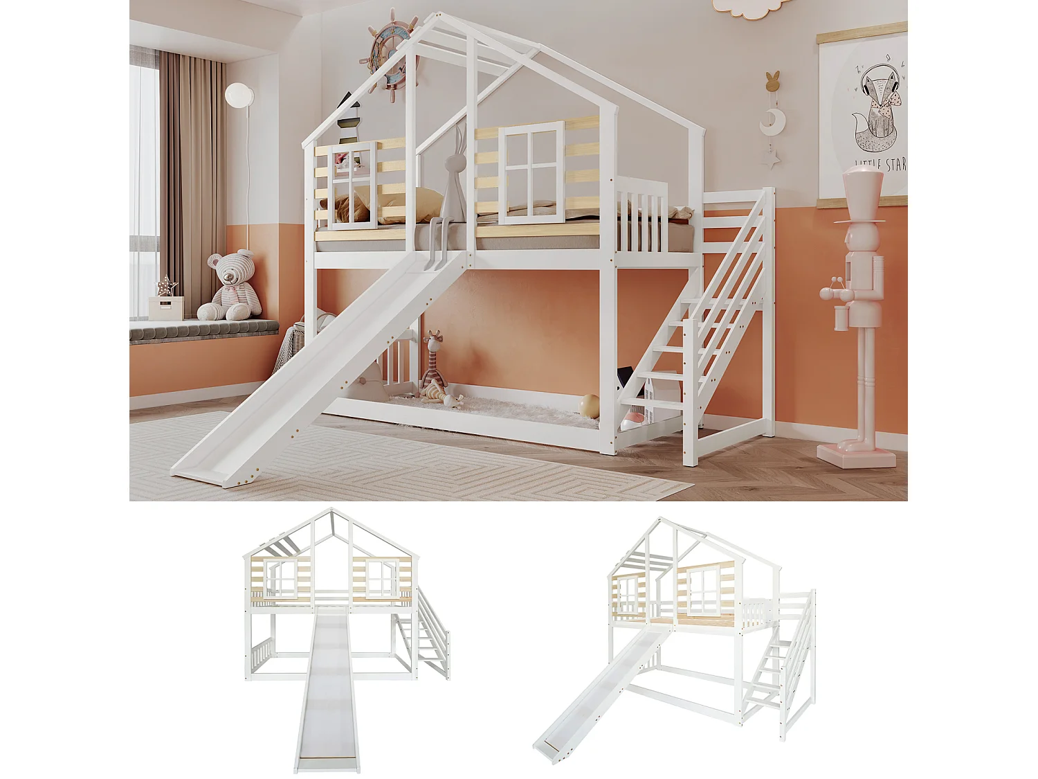 Beliche 90x200cm para 2 crianças - cama cabine de madeira com escadas e barreira, escorrega e janela, anti-queda - balnc