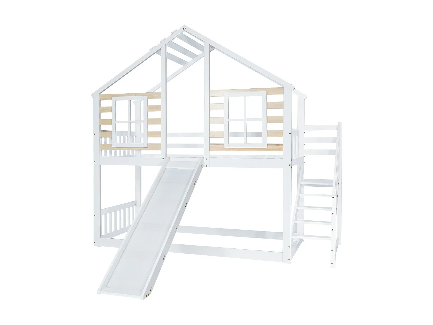 Beliche 90x200cm para 2 crianças - cama cabine de madeira com escadas e barreira, escorrega e janela, anti-queda - balnc