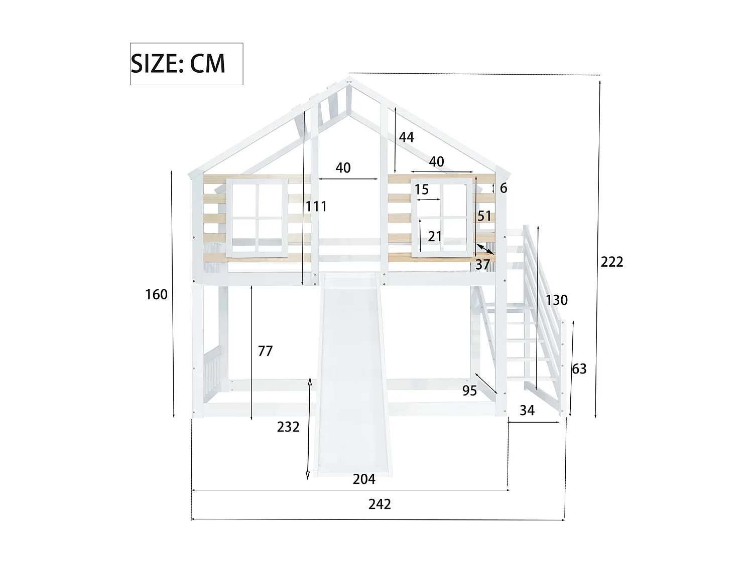 Etagenbett 90x200cm für 2 Kinder - Hochbett aus Holz mit Treppe und Barriere, Rutsche und Fenster, Absturzsicherung - Balkon