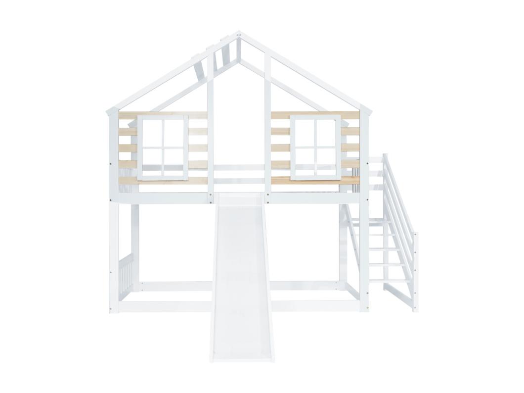 Stapelbed 90x200cm voor 2 kinderen - houten kajuitbed met trap en barrière, glijbaan en raam, anti-val - balnc
