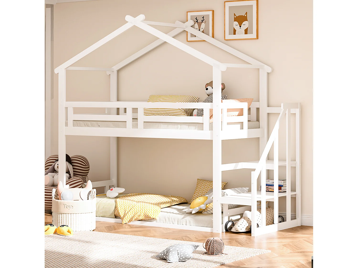 Lit superposé d'enfant 90x200cm - lit cabane avec escalier de sécurité, cadre de lit en bois massif avec sommier à lattes - blanc