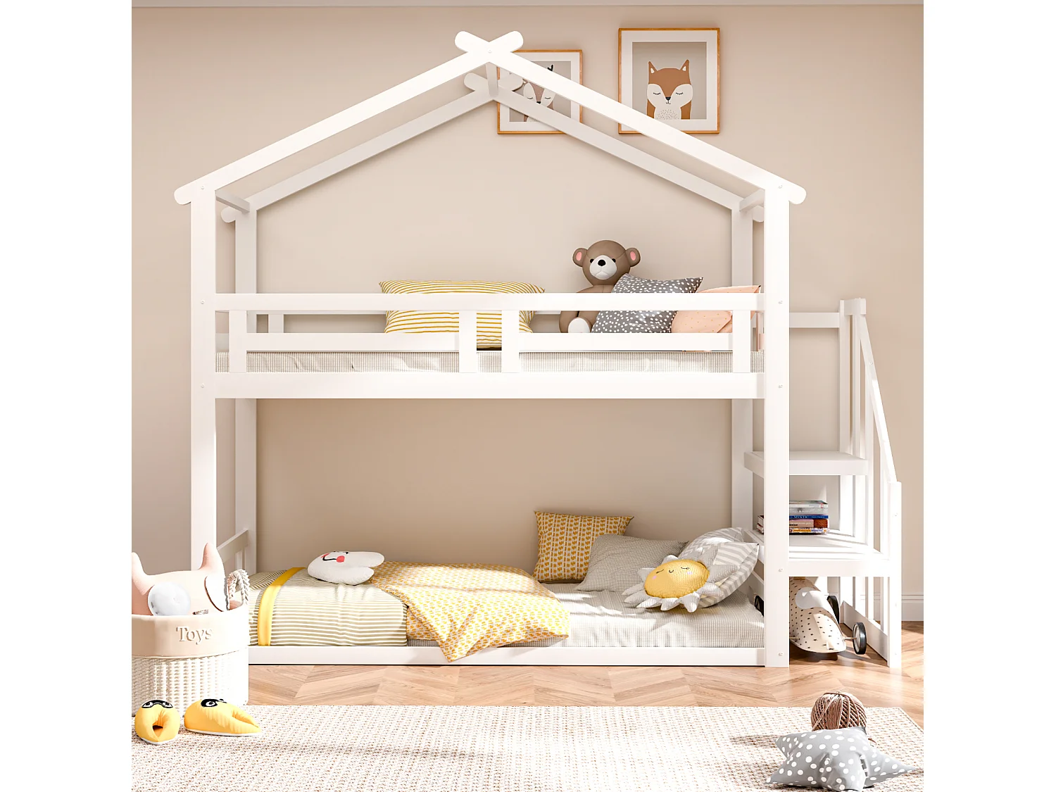 Lit superposé d'enfant 90x200cm - lit cabane avec escalier de sécurité, cadre de lit en bois massif avec sommier à lattes - blanc